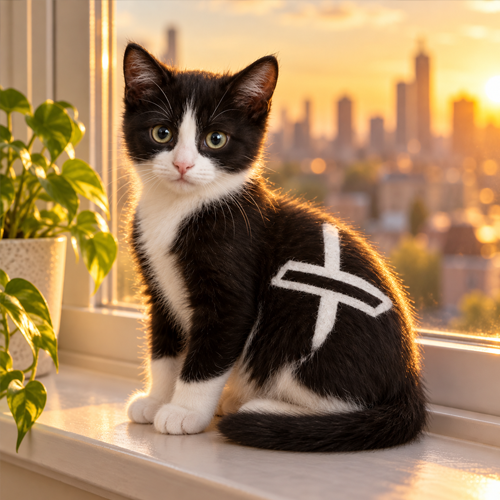 XCat tuxedo kitten watching the city glow at sunset